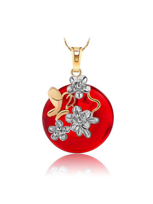 Red Copper Alloy Multi-gold Plated Retro style Flower Round Jade Necklace