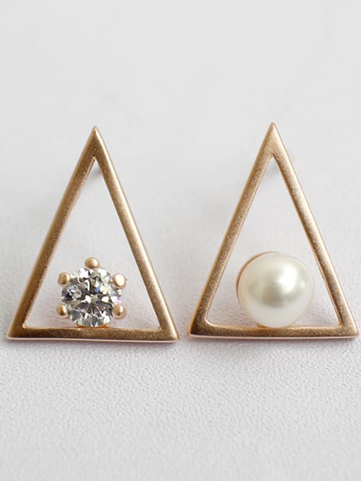 rose gold Fashion Hollow Triangle Freshwater Pearl Cubic Zircon Stud Earrings