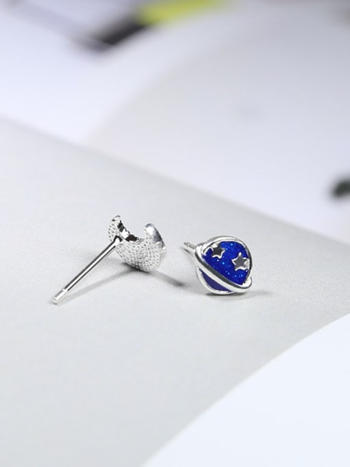 Peng Yuan Asymmetrical Tiny Blue Planet Moon 925 Silver Stud Earrings 2