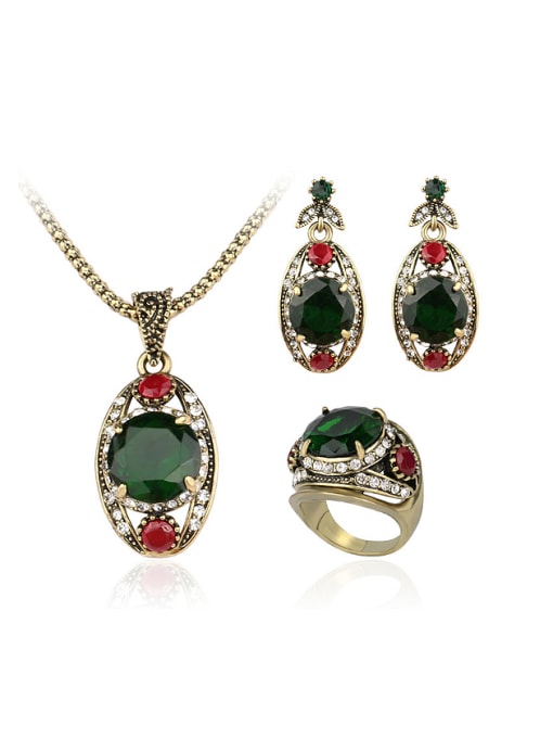 Gujin Retro style Green Glass stones White Crystals Three Pieces Jewelry Set 0
