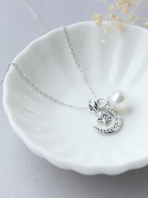 Rosh S925 Silver Star Moon and Shell Pearl  Sweet Necklace Set With CZ 3