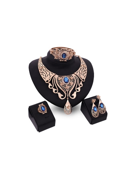 Blue Alloy Imitation-gold Plated High-end Ethnic style Artificial Gemstone Four Pieces Jewelry Set