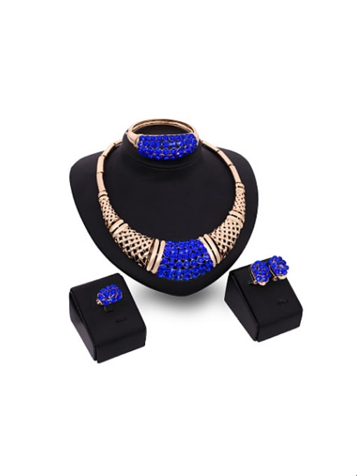 Blue Alloy Imitation-gold Plated Fashion Rhinestone Grid-shaped Four Pieces Jewelry Set