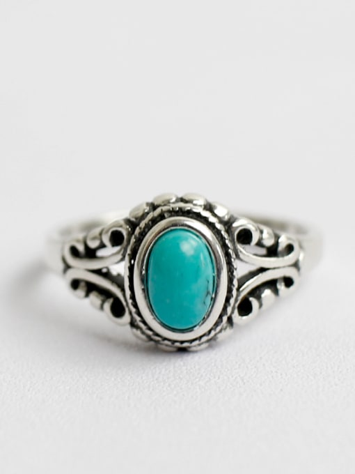Turquoise 925 Sterling Silver With Antique Silver Plated Vintage Oval Rings