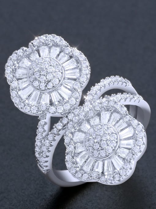 silvery Copper With  Cubic Zirconia Exaggerated Flower Cocktail Rings