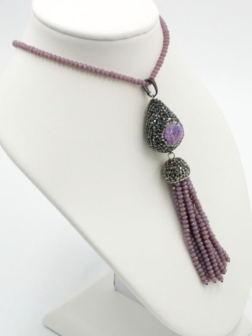 Purple Retro Natural Crystal Tassels Sweater Beads Chain