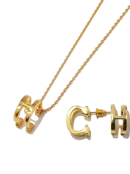 gold Copper With Gold Plated Personality CH Multifaceted Stereo letter  2 Piece Jewelry Set