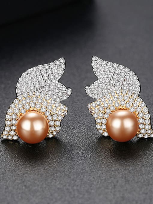 18K-gold Copper inlaid 3A zircons double gold synthetic Pearl Earrings