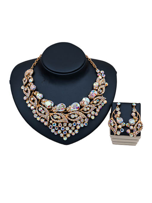multi-color Fashion Leaves shaped Glass Rhinestones Two Pieces Jewelry Set