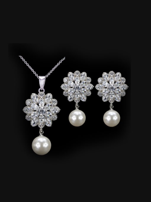 L.WIN Zircon Flower Pearl Wedding Jewelry Set 1