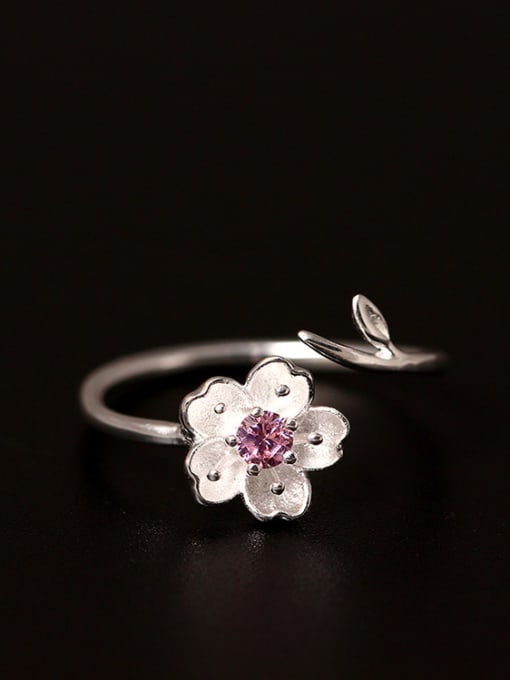 SILVER MI Korean Style Pink Flower Opening Ring