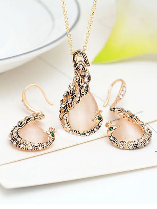 BESTIE Alloy Rose Gold Plated Fashion Artificial Gemstone Peacock Two Pieces Jewelry Set 1