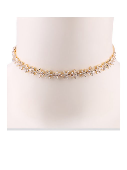 Gold Copper With  Cubic Zirconia  Simplistic Flower Chokers Necklace