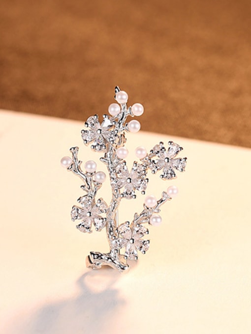 sliver 925 Sterling Silver With Artificial Pearl  Cubic Zirconia Trendy Small tree Brooches