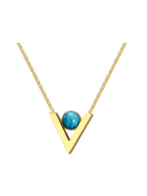 CONG Fashion Letter V Shaped Turquoise Stone Titanium Necklace 0