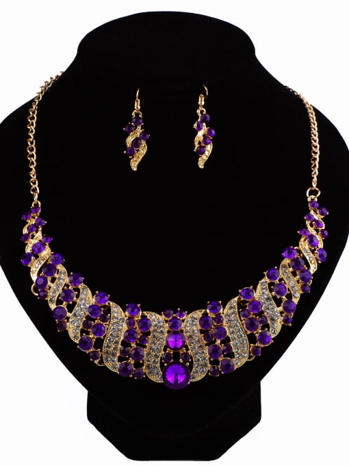 Purple Exaggerated Cubic Crystals White Rhinestones Alloy Two Pieces Jewelry Set