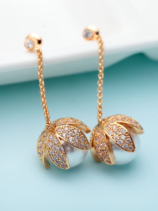 Champagne T09F10 Copper With Imitation Pearl Trendy Leaf Party Chandelier Earrings