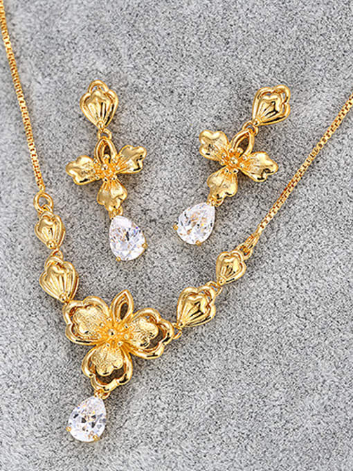 XP Copper Alloy 24K Gold Plated Retro style Flower Zircon Two Pieces Jewelry Set 1