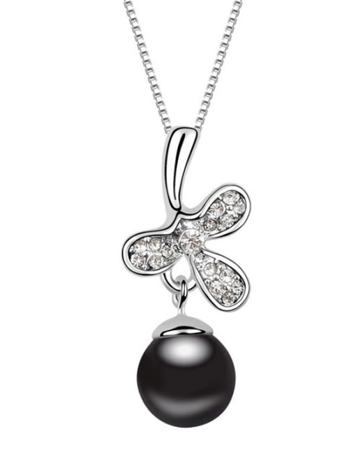 Black Exquisite Imitation Pearl Shiny Crystals-studded Leaf Alloy Necklace