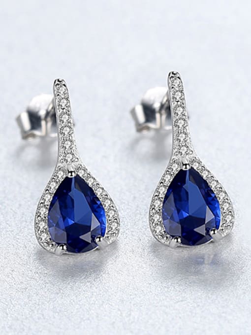 Blue 925 Sterling Silver With Platinum Plated Delicate Water Drop Drop Earrings