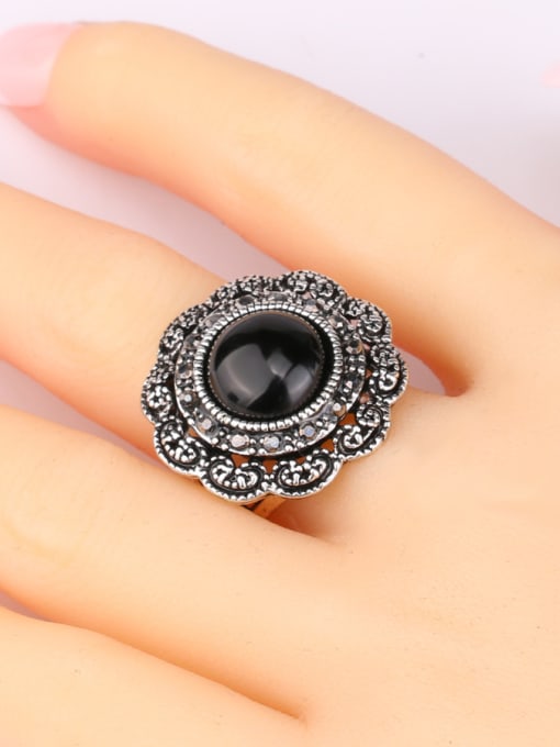 Gujin Retro style Black Resin stone Grey Rhinestones Alloy Flowery Ring 1