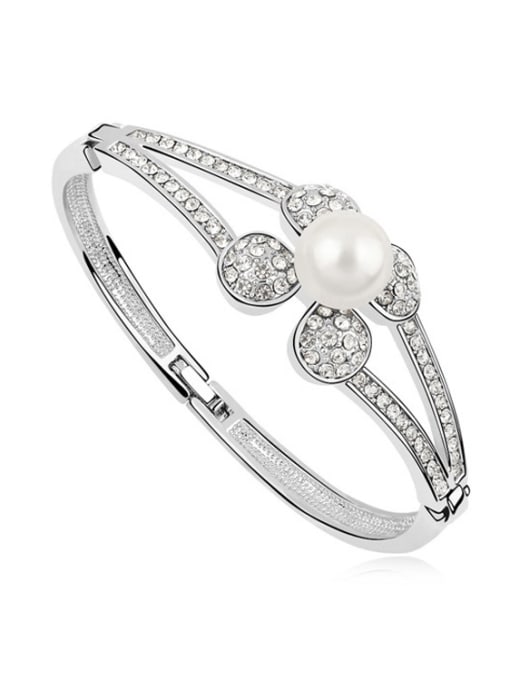 White Fashion Imitation Pearl Tiny Crystals Flowery Alloy Bangle
