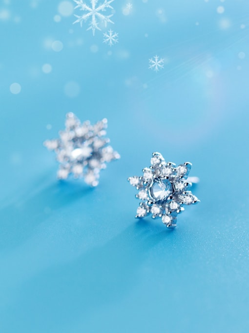 blue Shimmering Snowflake Shaped Rhinestones S925 Silver Stud Earrings