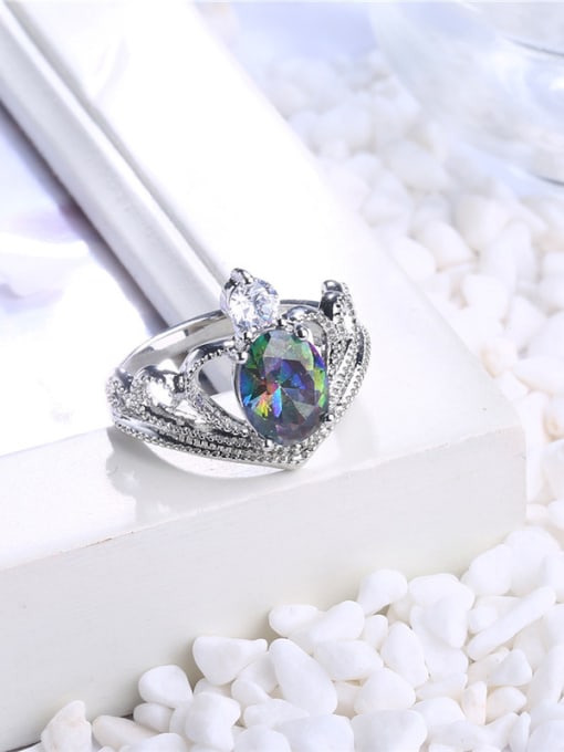 Platinum Women Colorful Crown Shaped Glass Stone Ring