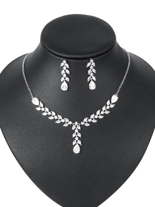 Mo Hai Copper With Platinum Plated Simplistic Leaf Engagement 2 Piece Jewelry Set 4