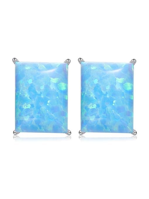 Blue Simple Rectangular Opal stone 925 Silver Stud Earrings