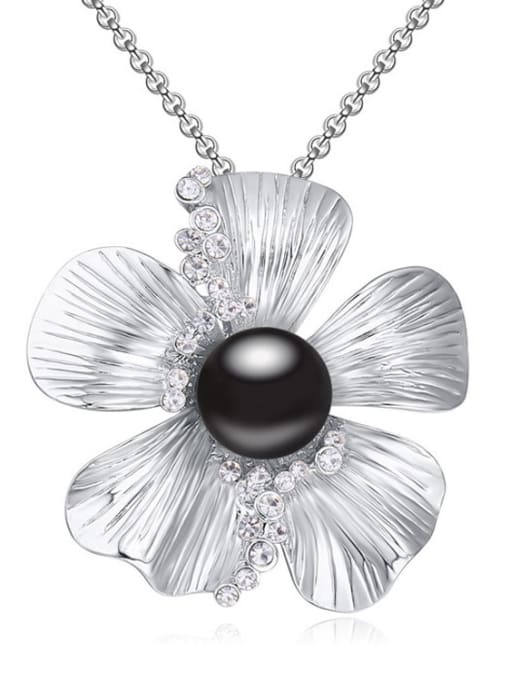 Black Fashion Imitation Pearl Flower Pendant Alloy Sweater Chain