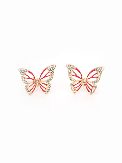 Red Creative Butterfly Shaped Rhinestones Enamel Stud Earrings