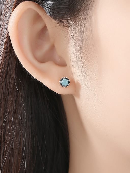 CCUI 925 Sterling Silver With Turquoise Vintage Round Stud Earrings 1