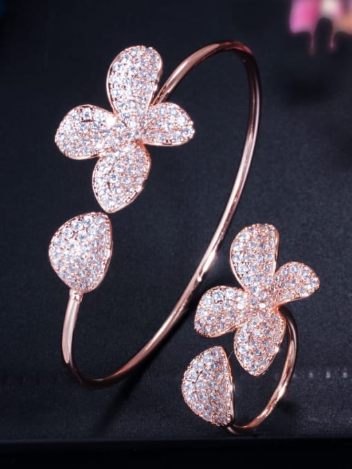 Rose Copper With Cubic Zirconia  Luxury Flower 2 Piece Jewelry Set  Rings and Bangles