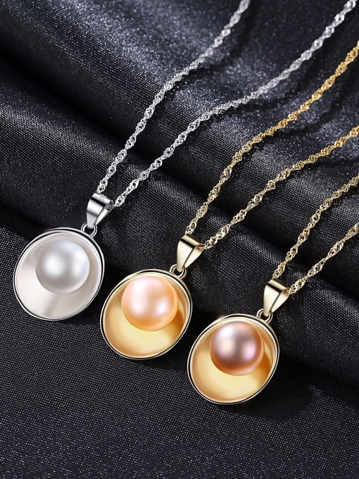 CCUI 925 Sterling Silver With  Artificial Pearl  Simplistic Oval Necklaces 2