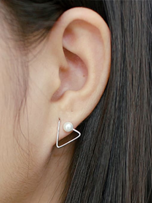 DAKA Simple Artificial Pearl Hollow Opening Triangle Silver Stud Earrings 1