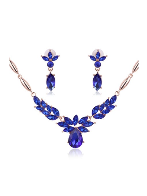 Royal Blue Alloy Rose Gold Plated Fashion Flower-shaped Artificial Gemstone Two Pieces Jewelry Set