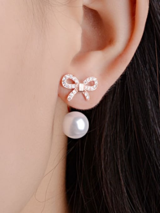 AI Fei Er Fashion Cubic Zirconias Bowknot Imitation Pearl Stud Earrings 1