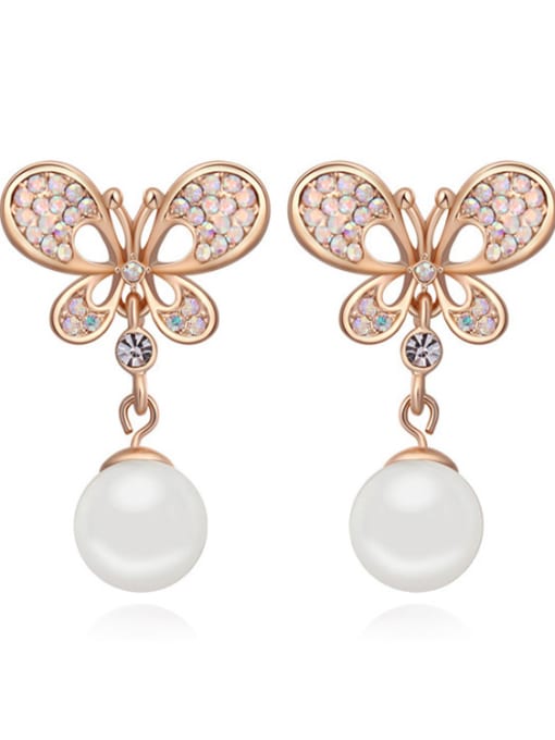 White Fashion Champagne Gold Plated Imitation Pearl Butterfly Stud Earrings