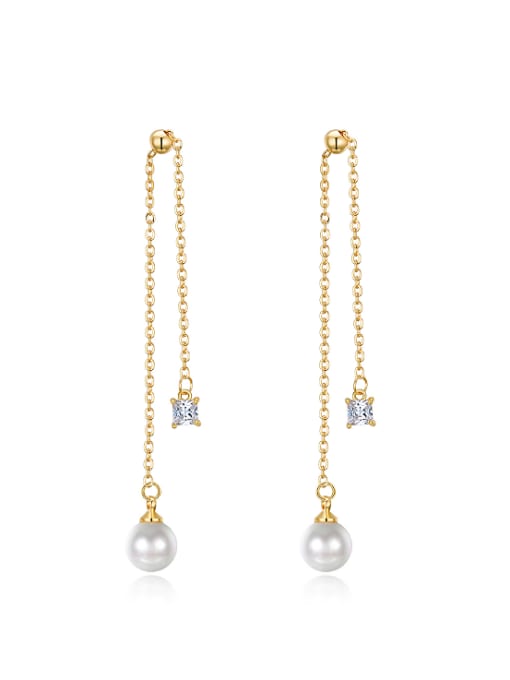 Gold Fashion Artificial Pearl Square Rhinestones Drop Earrings