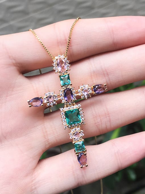 Gold Copper With  Glass stone Fashion Cross Necklaces