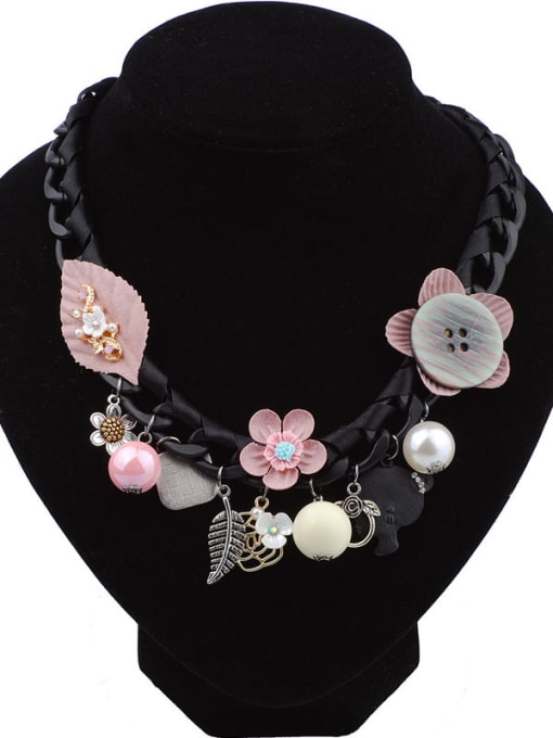 Pink Fashion Handmade Flowers Black Woven Ribbon Resin Necklace