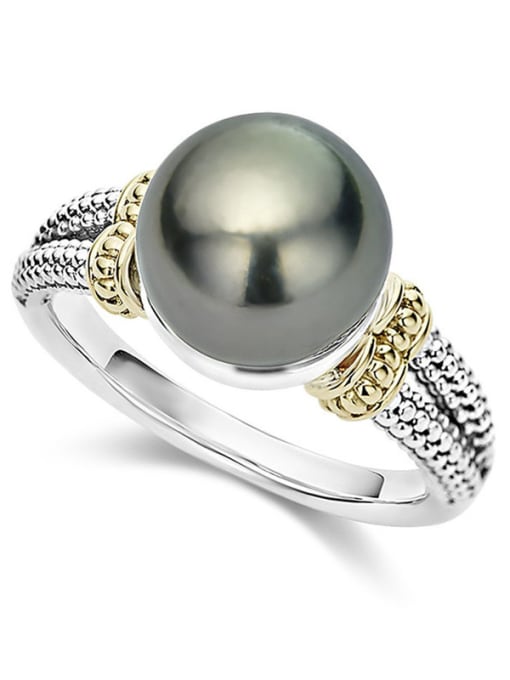 gray Copper With White Gold Plated Classic Round Imitation Pearl Solitaire Rings