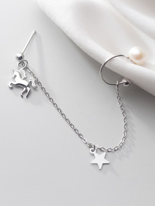 Rosh 925 Sterling Silver With Platinum Plated Personality Pentagram Single Unicorn Pearl Ear Clip 2