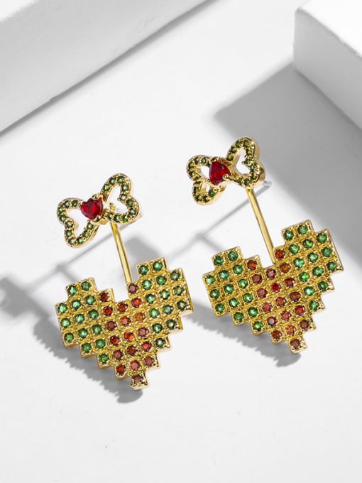 Color diamond Copper With Gold Plated Fashion Bowknot  Heart-shaped Cluster Earrings
