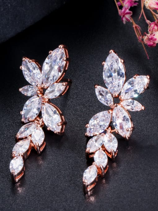 Rose Copper With Cubic Zirconia Luxury Water Drop Wedding Cluster Earrings