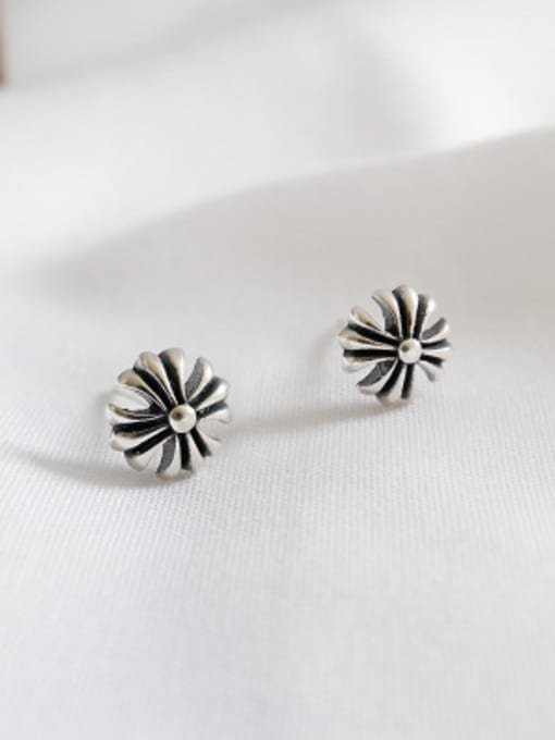 DAKA 925 Sterling Silver With Antique Silver Plated Vintage cruciate flower Stud Earrings 0