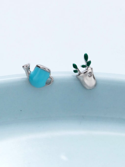 Rosh Personality Blue Potted Plant Shaped Asymmetric Crystal Stud Earrings