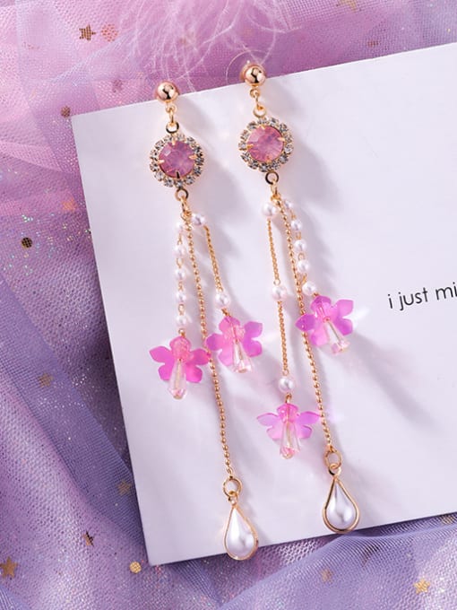 D red (dripping Pearl tassels) Alloy With Rose Gold Plated Trendy Flower Drop Earrings