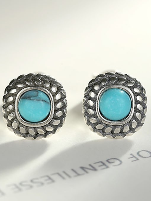 Thai silver -17I12 925 Sterling Silver With Turquoise Vintage Square Stud Earrings